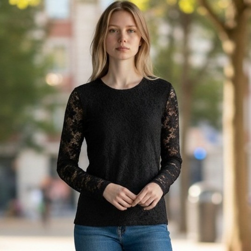 Susan Graver Lace Top Women Medium Black Floral Sheer Sleeve Romantic NEW
